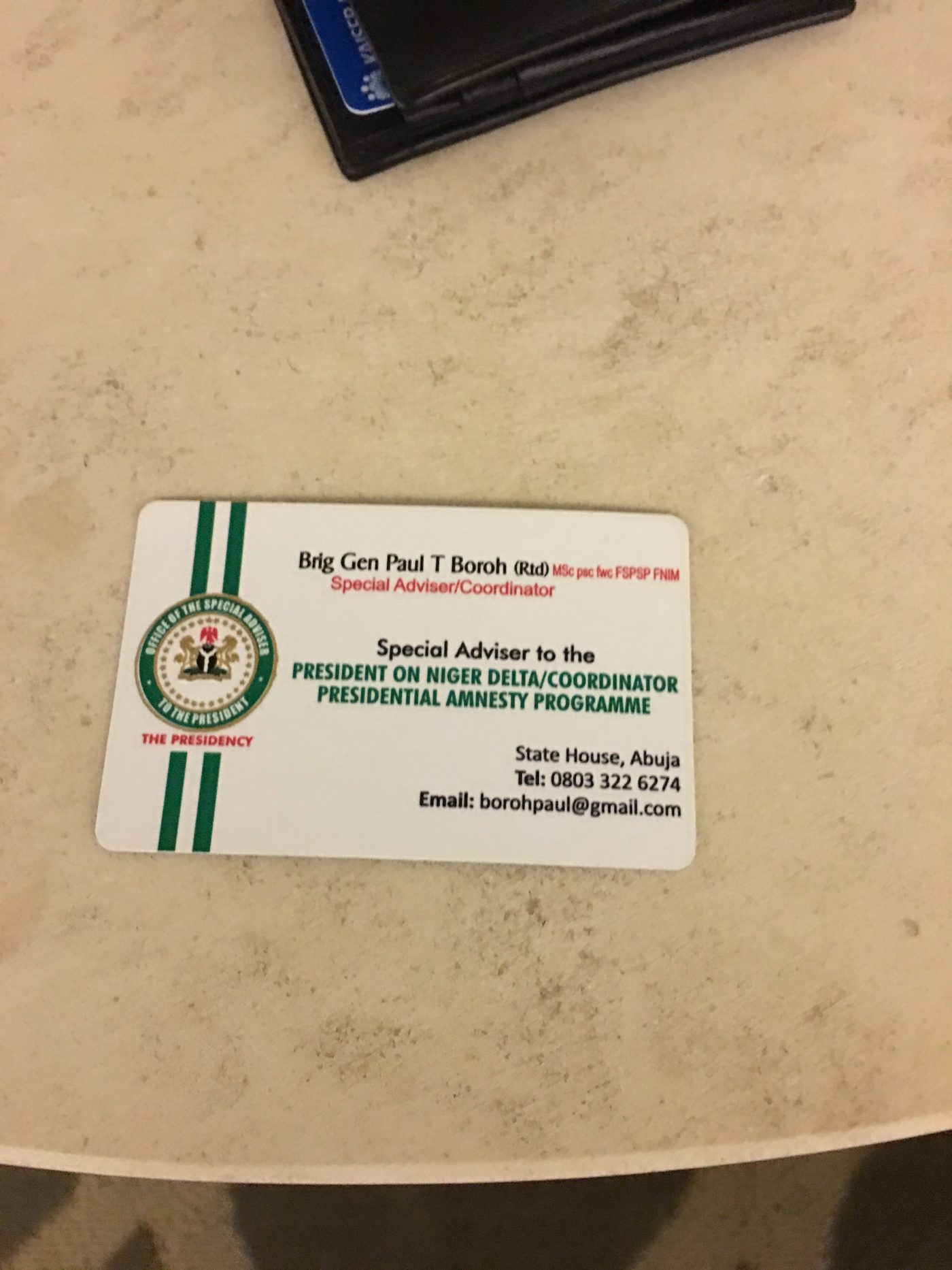 Business card of Brigadier General Paul T. Boroh (Rtd) — Special Adviser to the President on Niger Delta and Coordinator of the Presidential Amnesty Programme, The Presidency, State House, Abuja