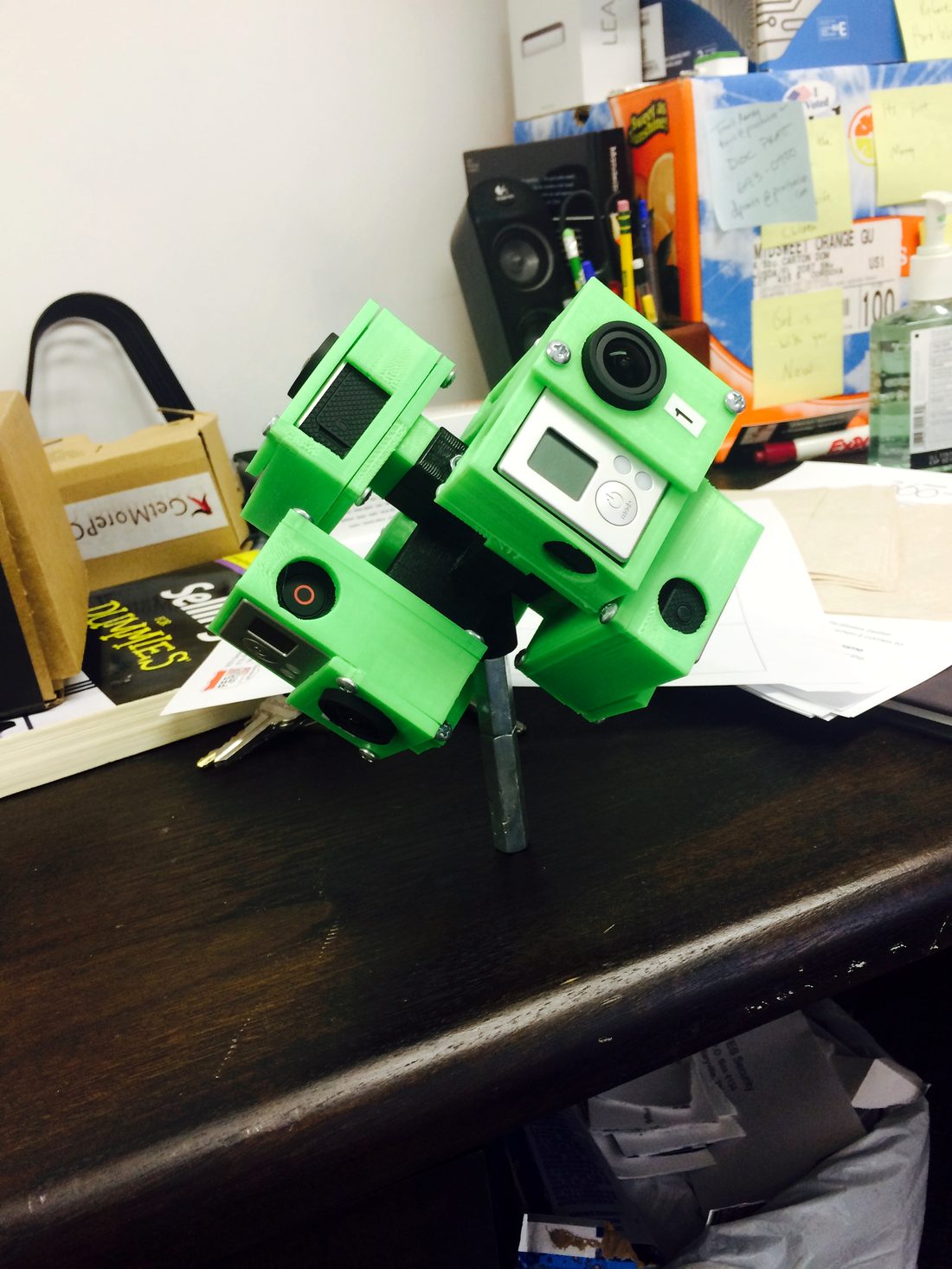 The custom-built 360-degree camera rig — six GoPro cameras in a 3D-printed housing