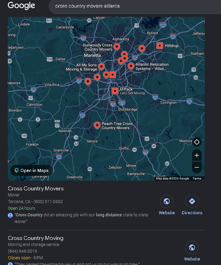 Google search for cross country movers atlanta with Cross Country Movers ranked first