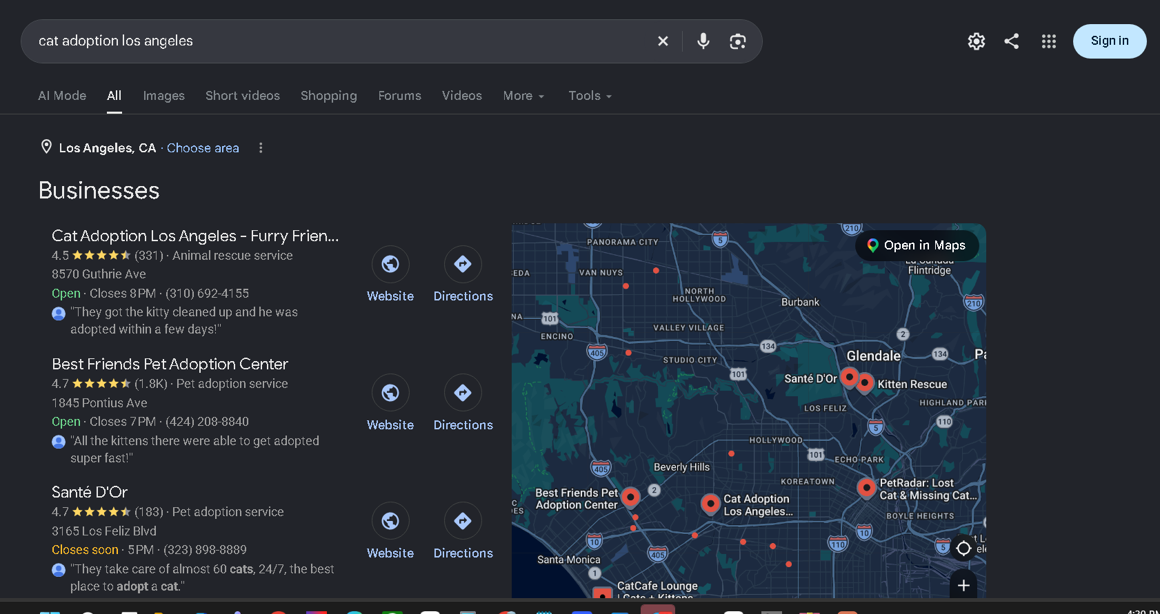 Google search for cat adoption los angeles with Cat Adoption Los Angeles ranked first