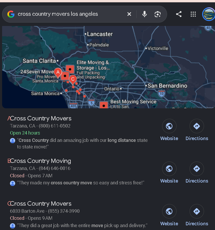 Google map pack for cross country movers los angeles with Cross Country Movers in first and third place