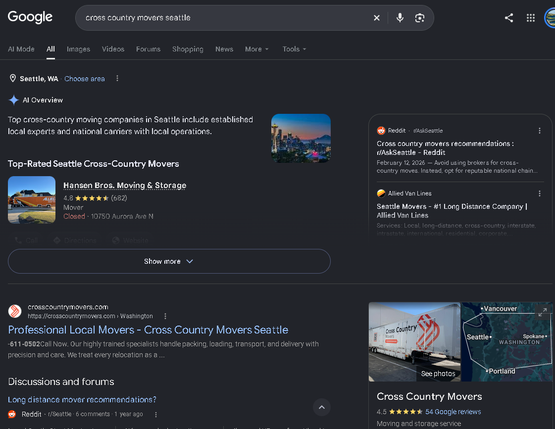 Google search for cross country movers seattle showing crosscountrymovers.com as the top organic result