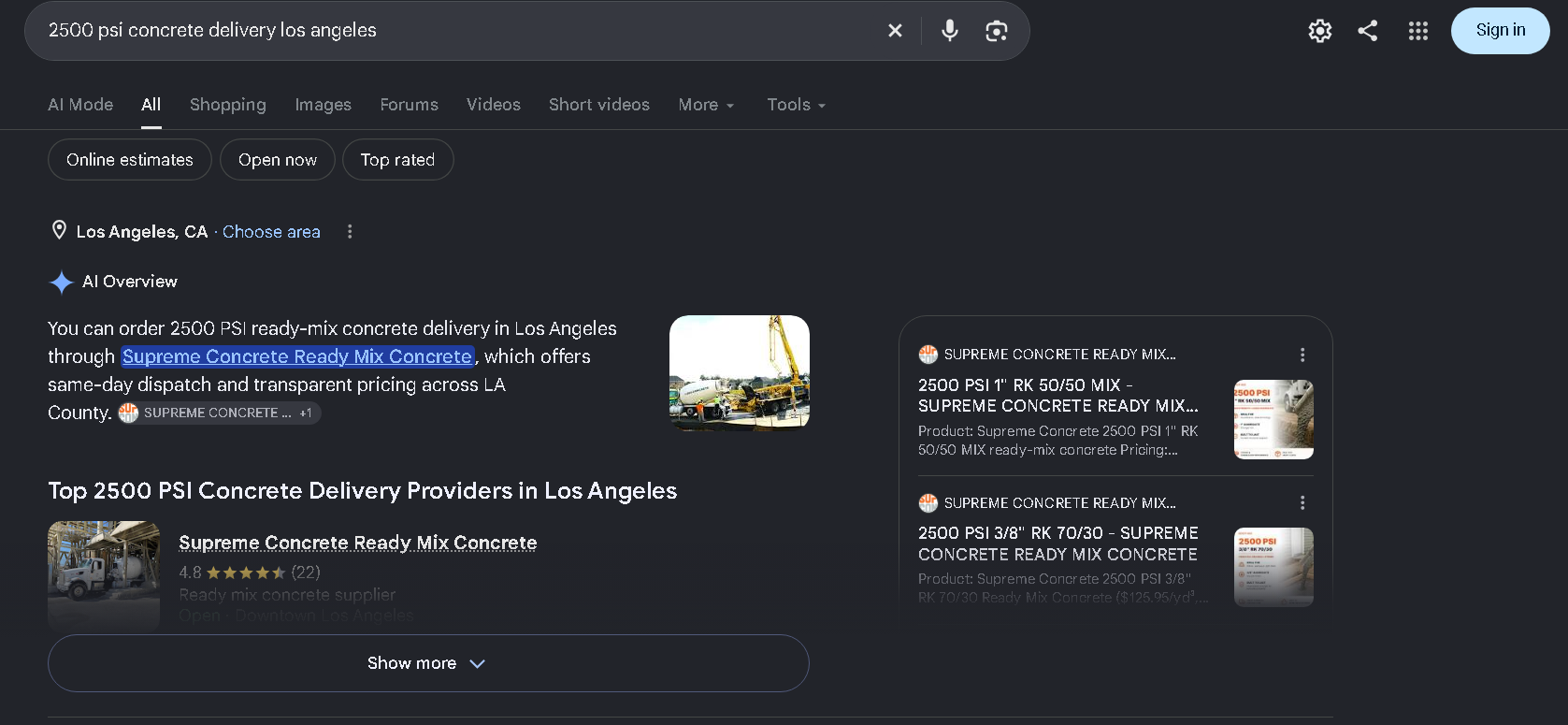 Google search for 2500 psi concrete delivery los angeles with Supreme Concrete Ready Mix Concrete ranked first